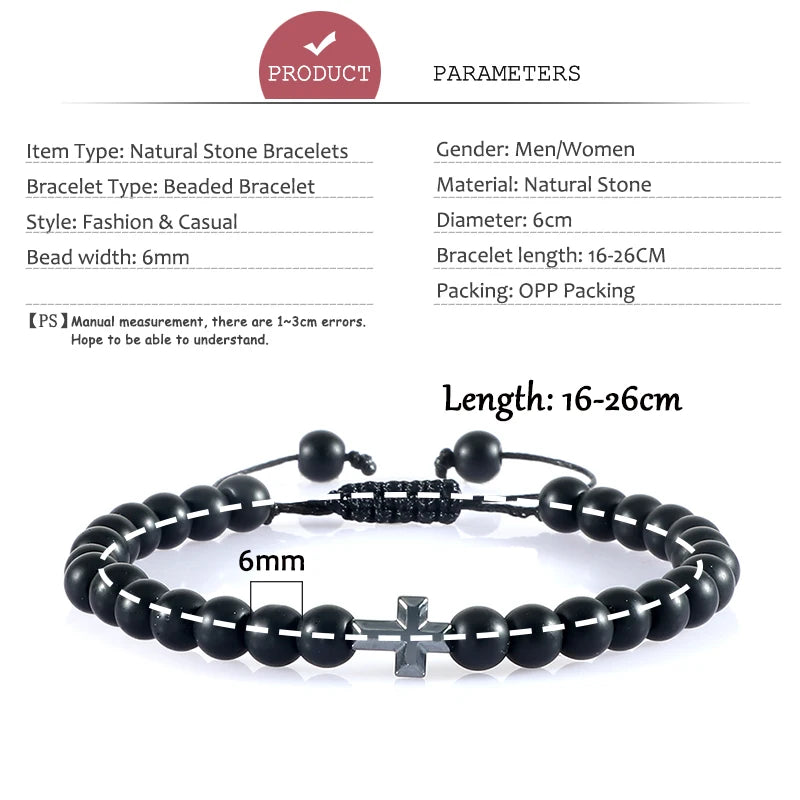 Charm 6mm Natural Stone Beads Braided Bracelet Prayer Men Women Christian Jesus Bless Cross Bracelets Bangles Friendship Jewelry