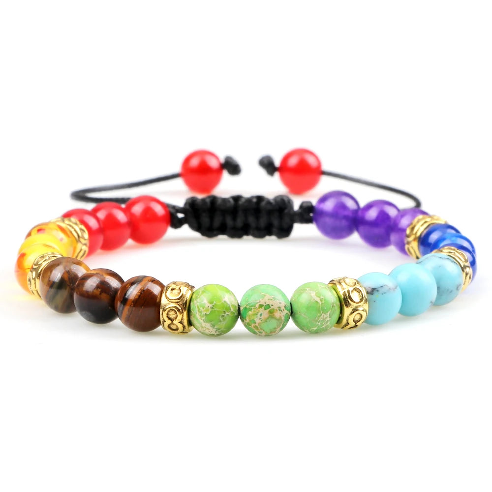 Minimalist 4 6MM 7 Chakra Natural Stone Bracelet Women Yoga Elastic Rope Bracelets Couple Adjustable Braided Bangles Jewelry New
