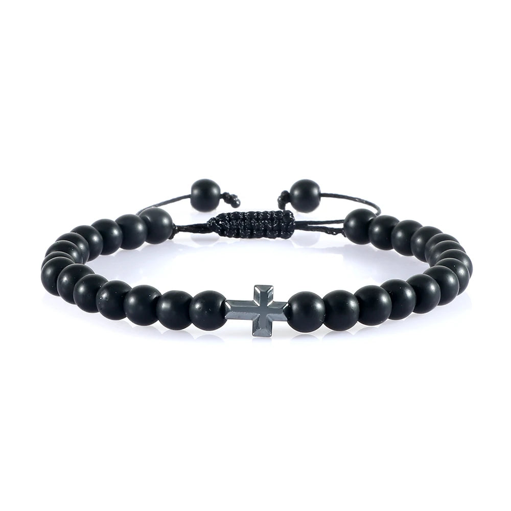 Charm 6mm Natural Stone Beads Braided Bracelet Prayer Men Women Christian Jesus Bless Cross Bracelets Bangles Friendship Jewelry