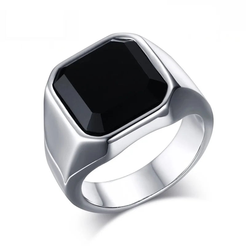 12.5mm Signet Ring for Men, Black Square Top Stainless Steel Finger Band, Gothic Punk Rock Boy Stamp Rings