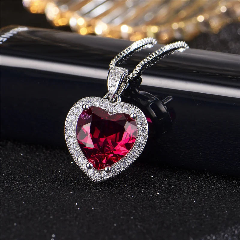 Bright Crystal Red Heart Pendant Necklace For Lady Engagement Accessories Trendy 925 Silver Necklace Choker Women Jewelry Gift