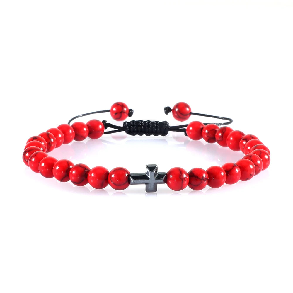 Charm 6mm Natural Stone Beads Braided Bracelet Prayer Men Women Christian Jesus Bless Cross Bracelets Bangles Friendship Jewelry