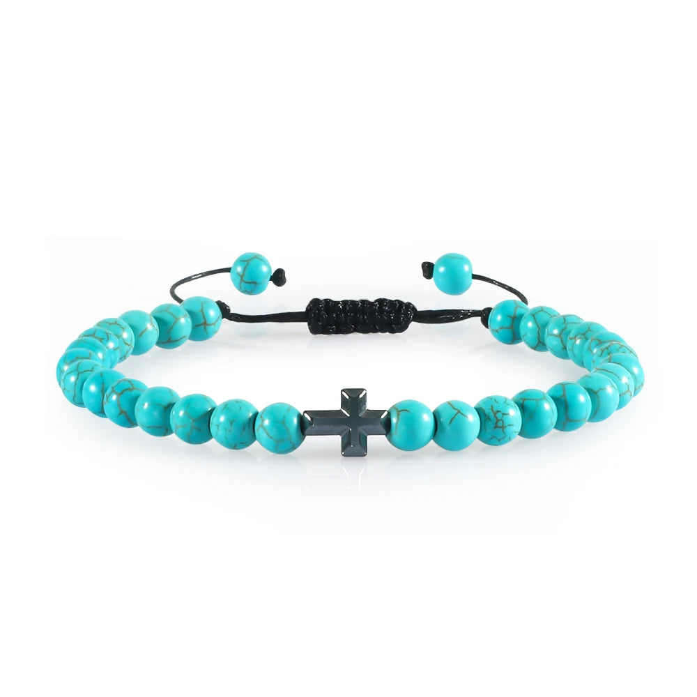 Charm 6mm Natural Stone Beads Braided Bracelet Prayer Men Women Christian Jesus Bless Cross Bracelets Bangles Friendship Jewelry