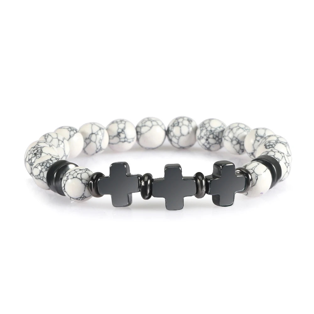 Prayer Men Women Bracelet Hematite Cross Rosary Natural Stone Beads Jesus Onyx Meditation Bracelets Bangles Jewelry Gift Pulsera