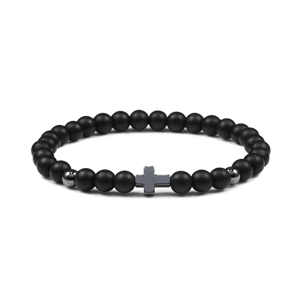Prayer Men Women Bracelet Hematite Cross Rosary Natural Stone Beads Jesus Onyx Meditation Bracelets Bangles Jewelry Gift Pulsera
