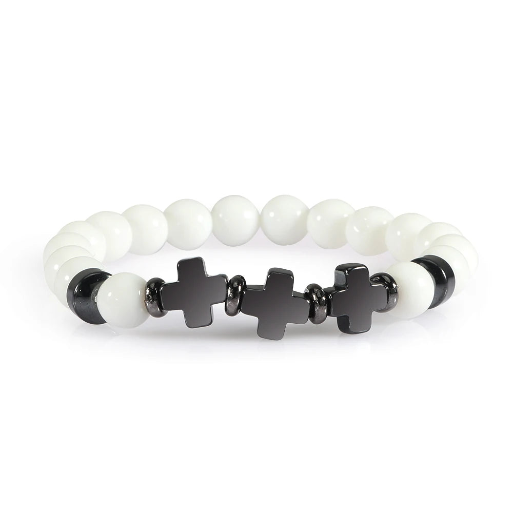 Prayer Men Women Bracelet Hematite Cross Rosary Natural Stone Beads Jesus Onyx Meditation Bracelets Bangles Jewelry Gift Pulsera