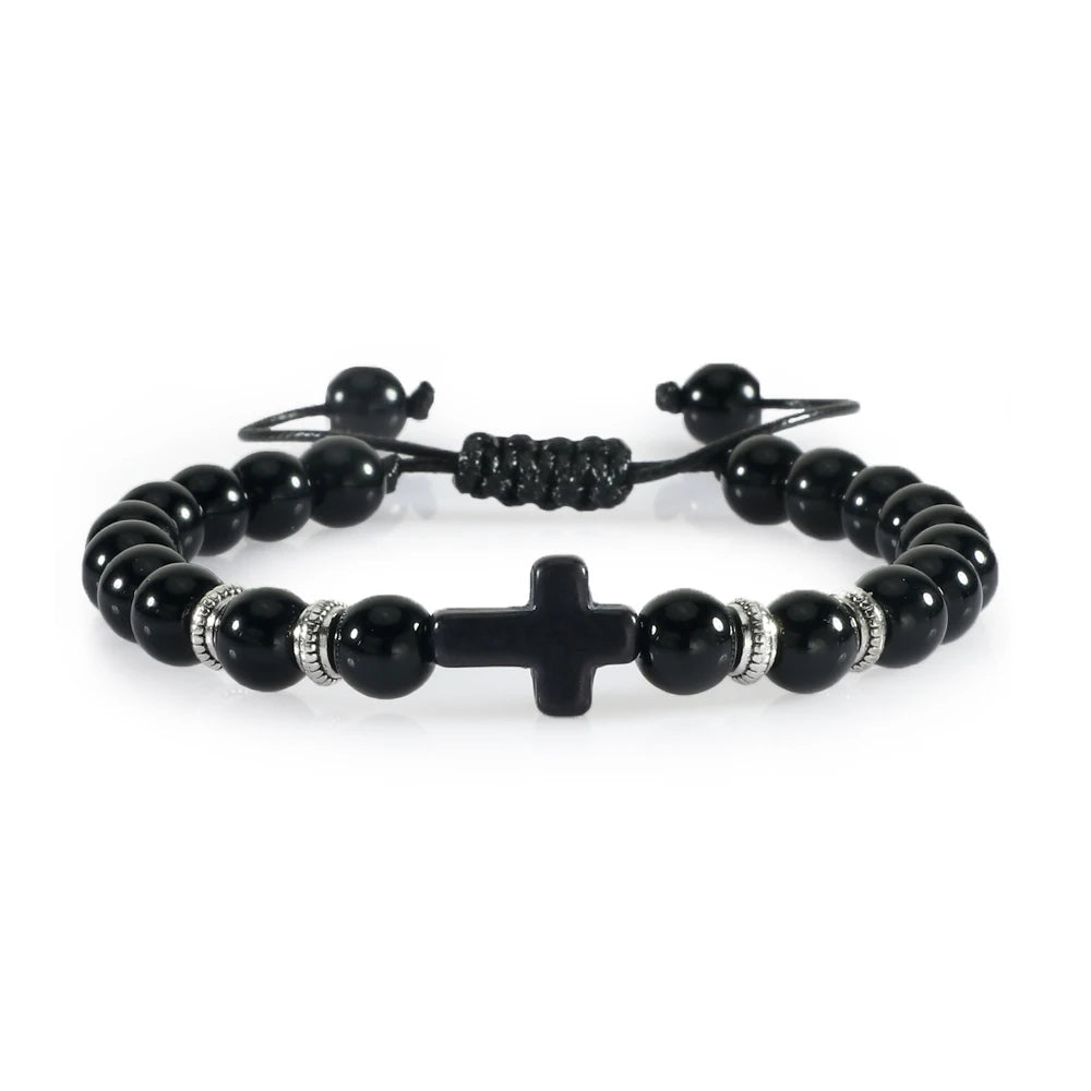 Prayer Men Women Bracelet Hematite Cross Rosary Natural Stone Beads Jesus Onyx Meditation Bracelets Bangles Jewelry Gift Pulsera