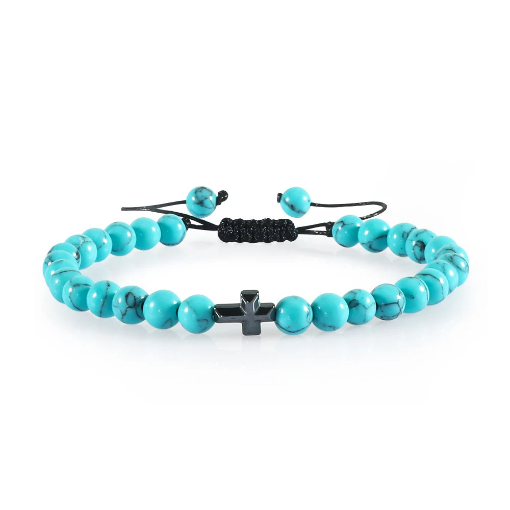 Charm 6mm Natural Stone Beads Braided Bracelet Prayer Men Women Christian Jesus Bless Cross Bracelets Bangles Friendship Jewelry