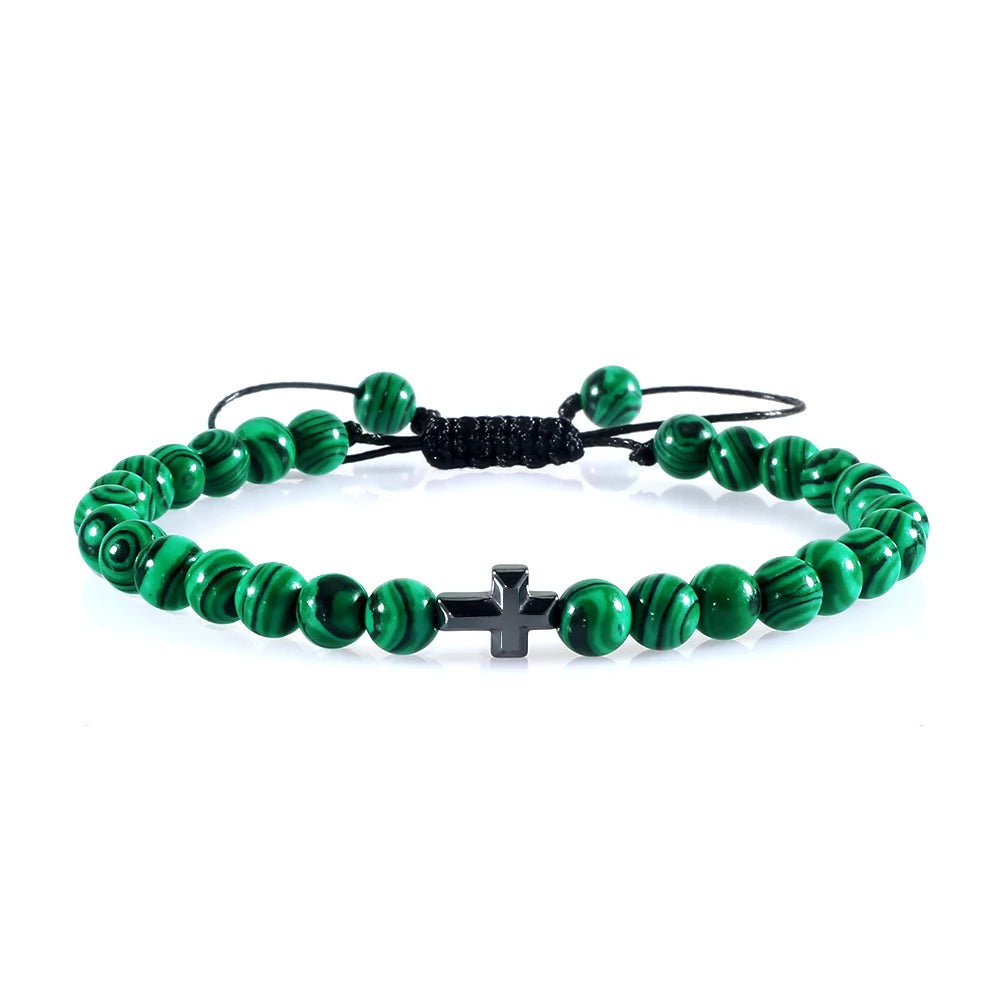 Charm 6mm Natural Stone Beads Braided Bracelet Prayer Men Women Christian Jesus Bless Cross Bracelets Bangles Friendship Jewelry