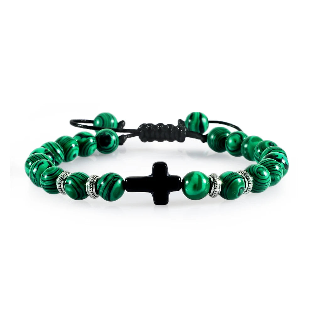 Prayer Men Women Bracelet Hematite Cross Rosary Natural Stone Beads Jesus Onyx Meditation Bracelets Bangles Jewelry Gift Pulsera
