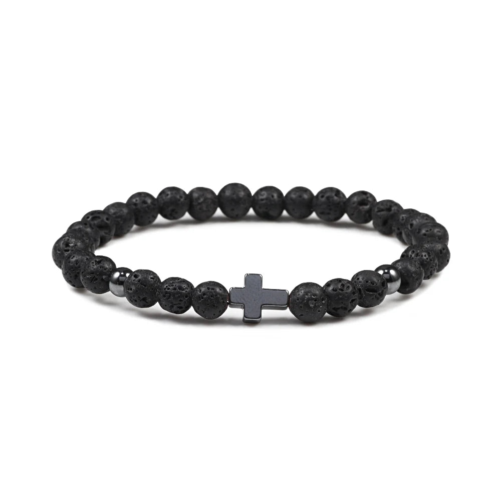 Prayer Men Women Bracelet Hematite Cross Rosary Natural Stone Beads Jesus Onyx Meditation Bracelets Bangles Jewelry Gift Pulsera