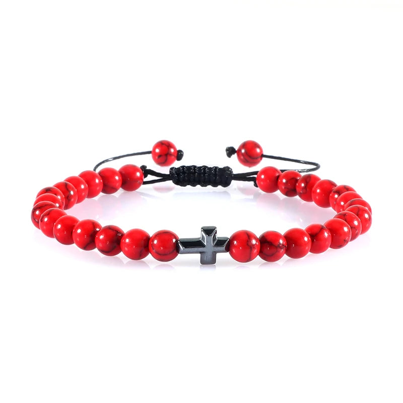 Charm 6mm Natural Stone Beads Braided Bracelet Prayer Men Women Christian Jesus Bless Cross Bracelets Bangles Friendship Jewelry