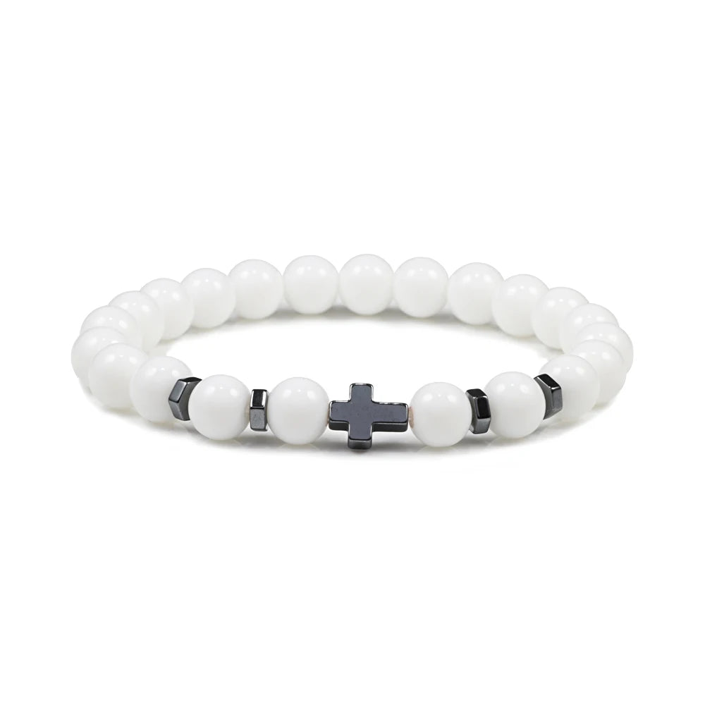 Natural Lava Stone Bead Bracelet Men Prayer Meditation Hematite Cross Jesus Thin Couple Bangles Pulsera Jewelry Gifts for Friend