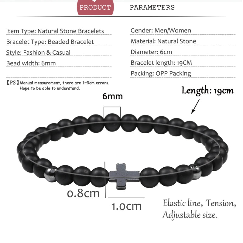 Natural Lava Stone Bead Bracelet Men Prayer Meditation Hematite Cross Jesus Thin Couple Bangles Pulsera Jewelry Gifts for Friend