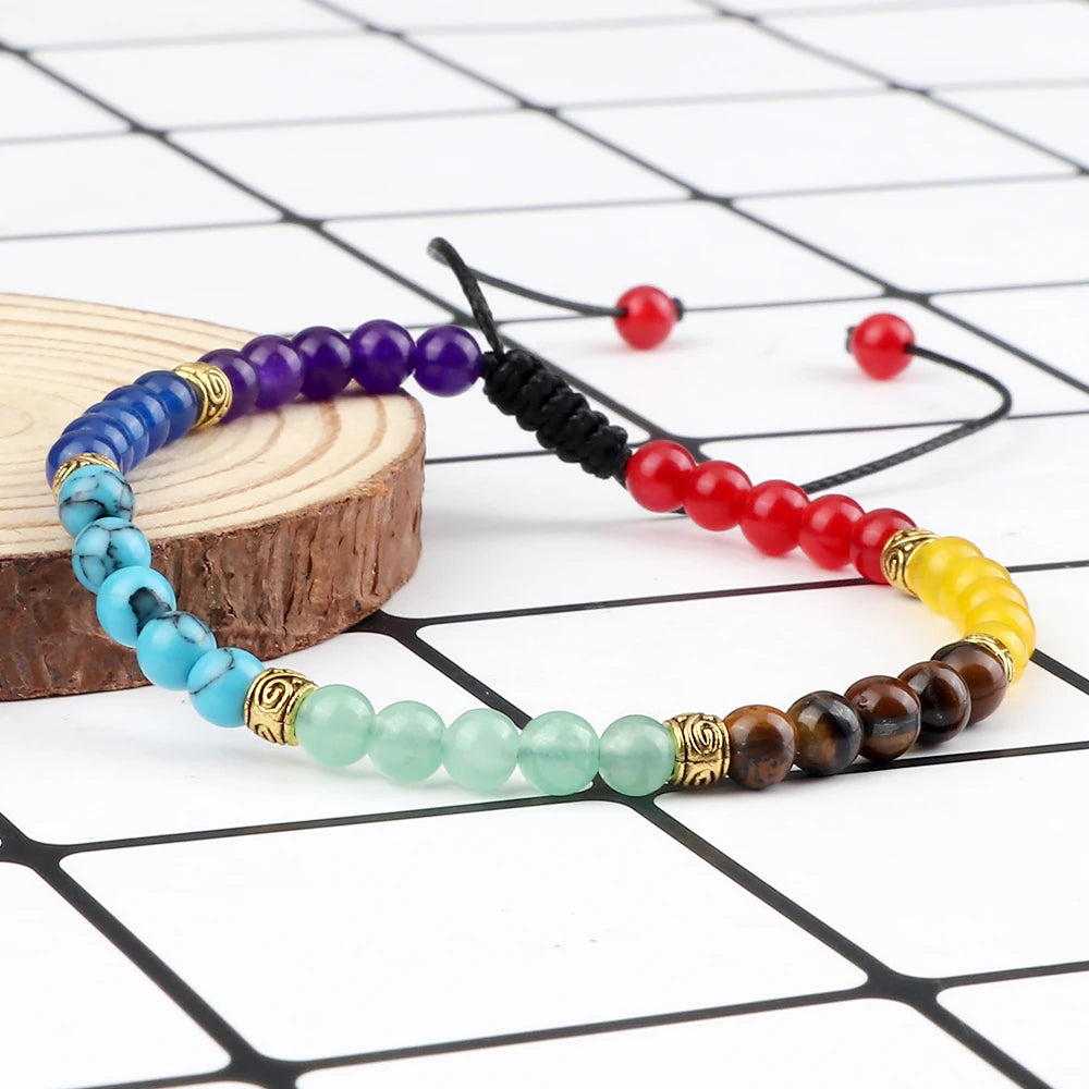 Minimalist 4 6MM 7 Chakra Natural Stone Bracelet Women Yoga Elastic Rope Bracelets Couple Adjustable Braided Bangles Jewelry New