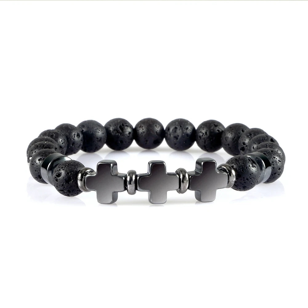 Prayer Men Women Bracelet Hematite Cross Rosary Natural Stone Beads Jesus Onyx Meditation Bracelets Bangles Jewelry Gift Pulsera