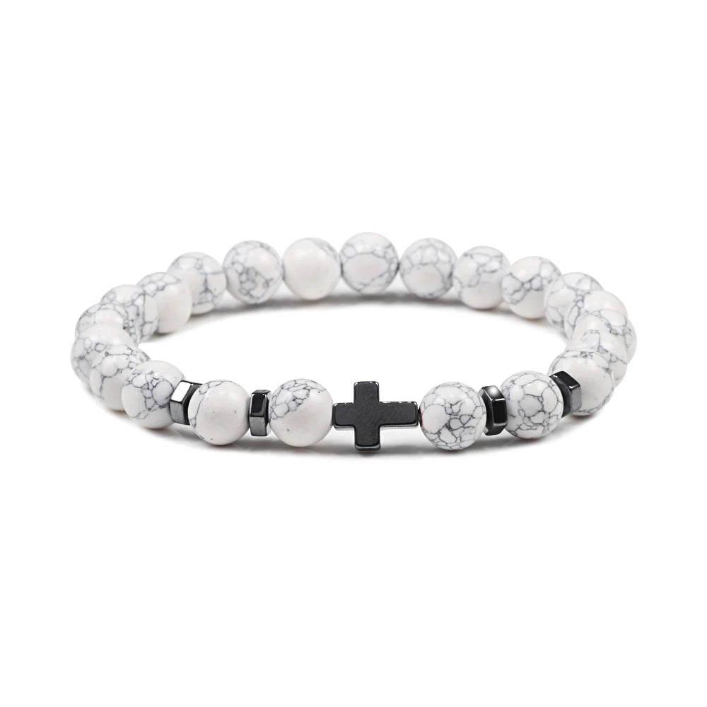 Prayer Men Women Bracelet Hematite Cross Rosary Natural Stone Beads Jesus Onyx Meditation Bracelets Bangles Jewelry Gift Pulsera