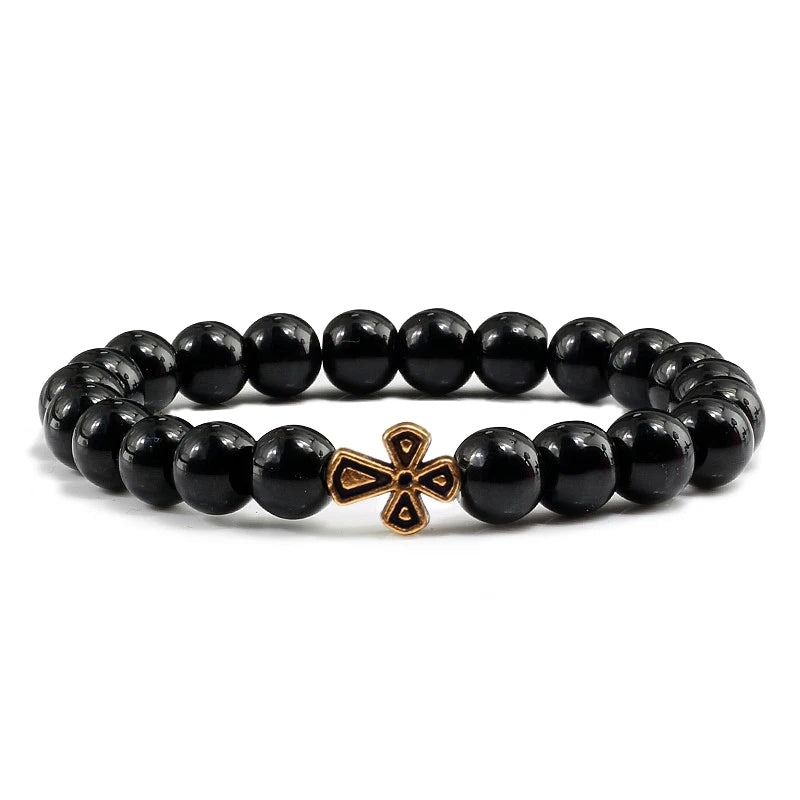 New Natural Stone Lava Beaded Bracelet for Men Women Alloy Christian Jesus Cross Bracelets Bangles Yoga Prayer Fashion Jewelry