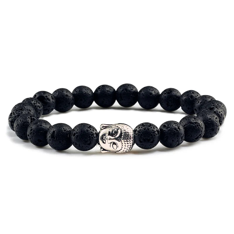 Healing  Buddha Head Prayer Volcanic Lava Natural Stone Strand Bead Bracelet For Men Black Beaded Yoga Women armband Jewelry