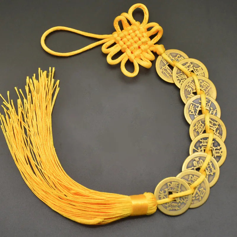 Red Yellow Chinese Knot Feng Shui Money Wealth Success Copper Ancien Coins Lucky Charm Home Decoration Ten emperors Antique Fortune