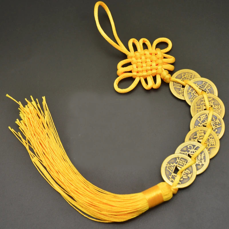 Red Yellow Chinese Knot Feng Shui Money Wealth Success Copper Ancien Coins Lucky Charm Home Decoration Ten emperors Antique Fortune
