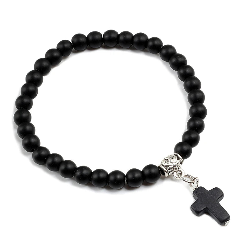 Prayer Bracelet 6MM Onyx Natural Stone Beads Religion Jesus Cross Pedant Bracelets Bangles for Men Women Yoga Friendship Jewelry