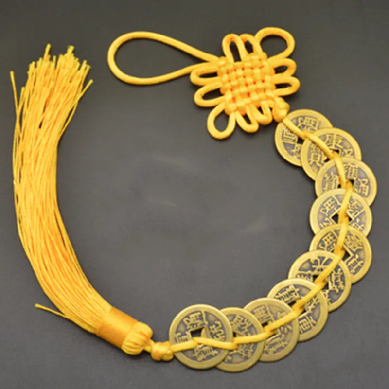 Red Yellow Chinese Knot Feng Shui Money Wealth Success Copper Ancien Coins Lucky Charm Home Decoration Ten emperors Antique Fortune