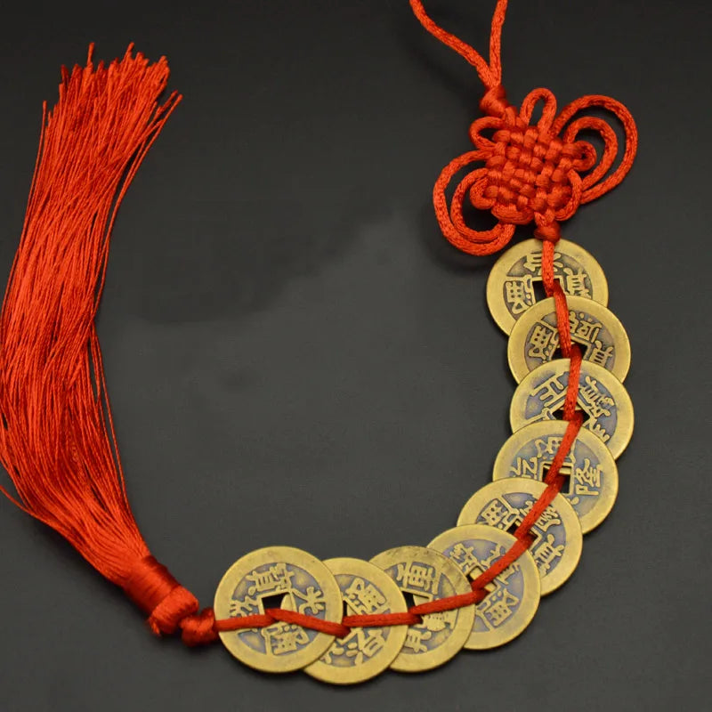 Red Yellow Chinese Knot Feng Shui Money Wealth Success Copper Ancien Coins Lucky Charm Home Decoration Ten emperors Antique Fortune