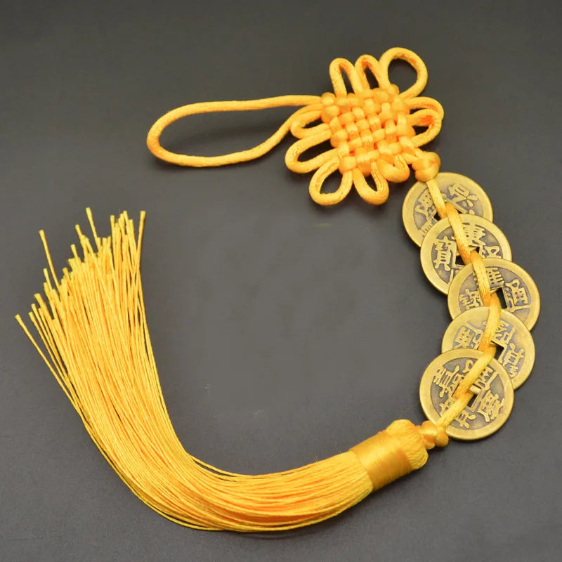 Red Yellow Chinese Knot Feng Shui Money Wealth Success Copper Ancien Coins Lucky Charm Home Decoration Ten emperors Antique Fortune