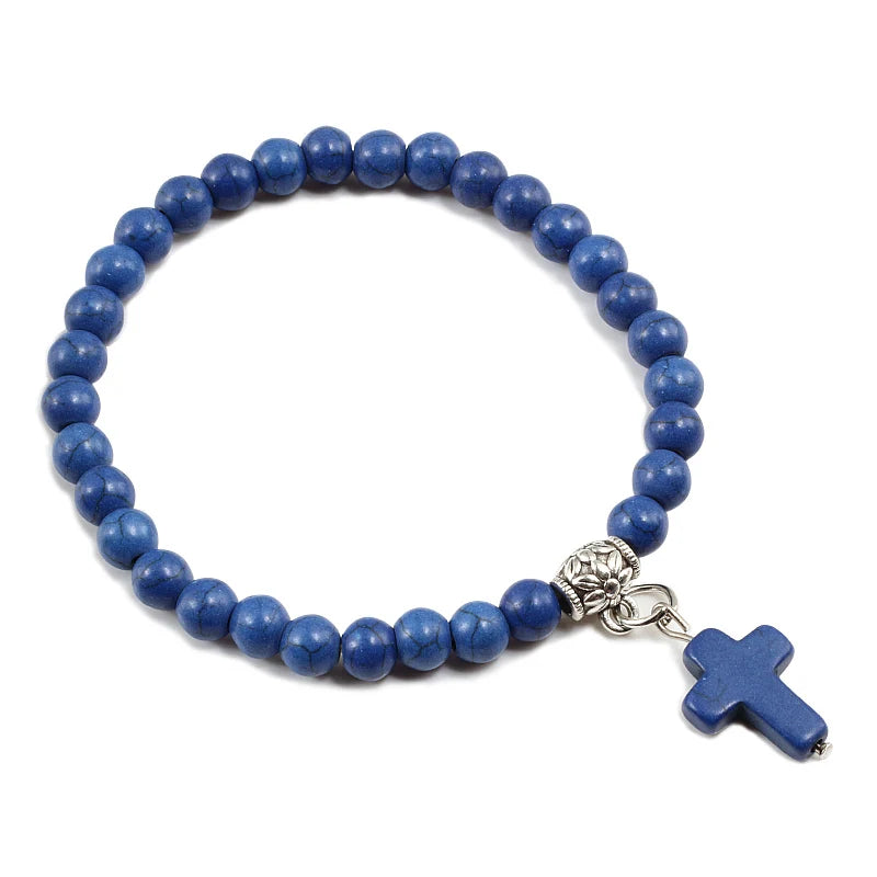 Prayer Bracelet 6MM Onyx Natural Stone Beads Religion Jesus Cross Pedant Bracelets Bangles for Men Women Yoga Friendship Jewelry