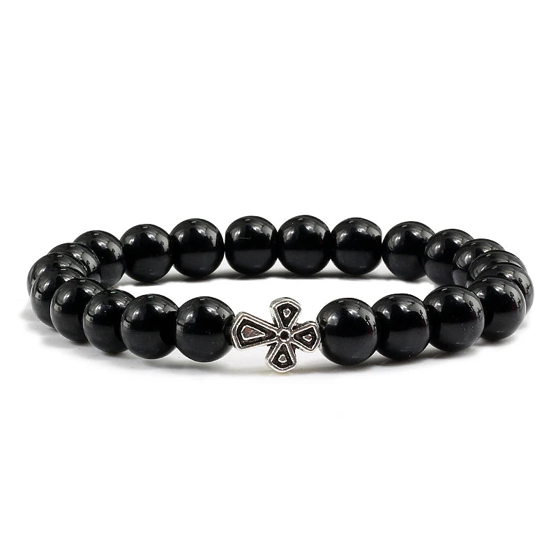 New Natural Stone Lava Beaded Bracelet for Men Women Alloy Christian Jesus Cross Bracelets Bangles Yoga Prayer Fashion Jewelry