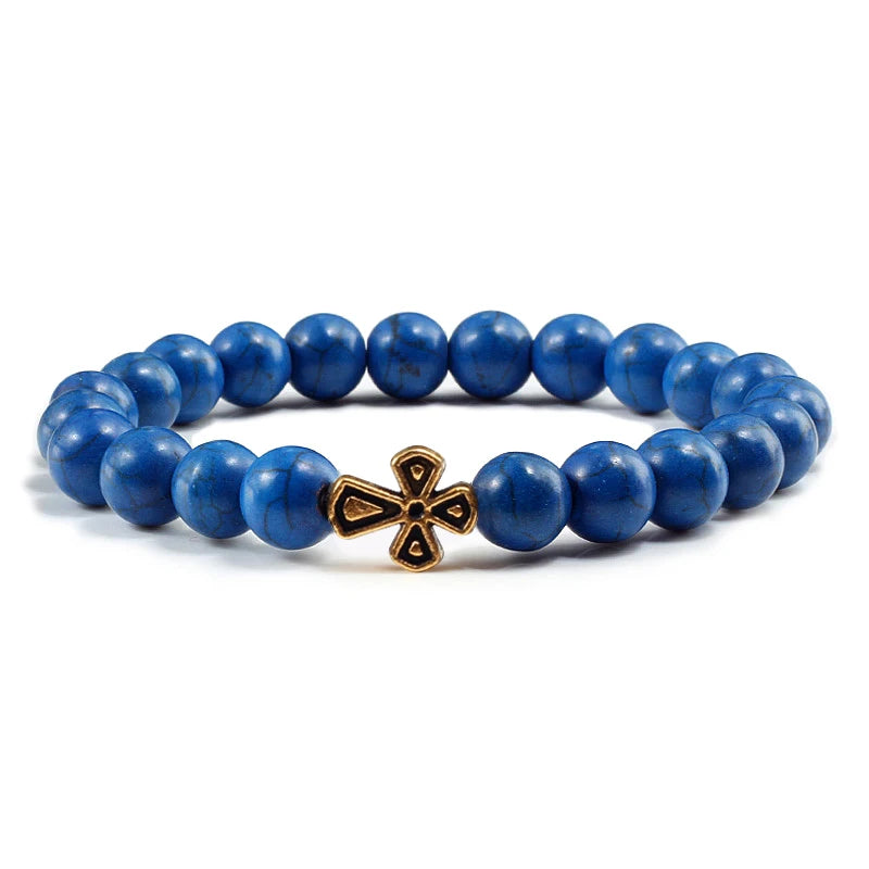 New Natural Stone Lava Beaded Bracelet for Men Women Alloy Christian Jesus Cross Bracelets Bangles Yoga Prayer Fashion Jewelry