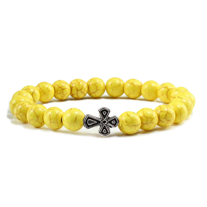 New Natural Stone Lava Beaded Bracelet for Men Women Alloy Christian Jesus Cross Bracelets Bangles Yoga Prayer Fashion Jewelry