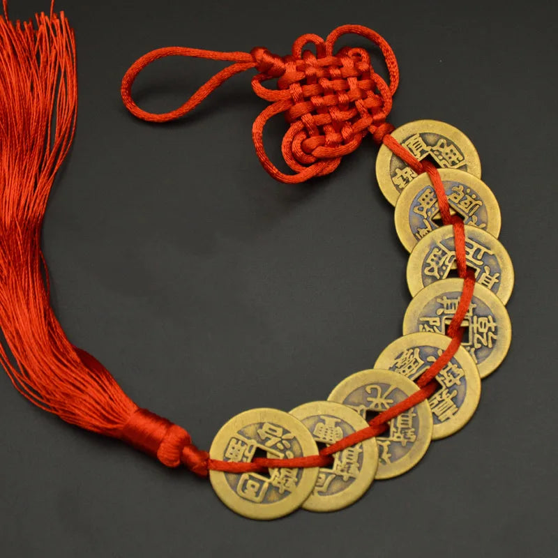 Red Yellow Chinese Knot Feng Shui Money Wealth Success Copper Ancien Coins Lucky Charm Home Decoration Ten emperors Antique Fortune