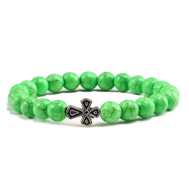 New Natural Stone Lava Beaded Bracelet for Men Women Alloy Christian Jesus Cross Bracelets Bangles Yoga Prayer Fashion Jewelry