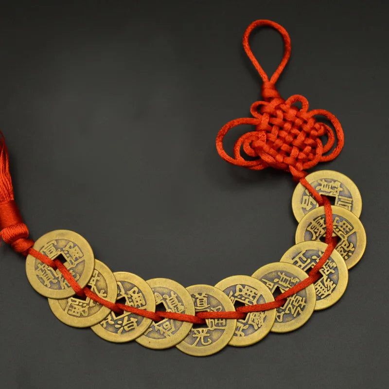 Red Yellow Chinese Knot Feng Shui Money Wealth Success Copper Ancien Coins Lucky Charm Home Decoration Ten emperors Antique Fortune