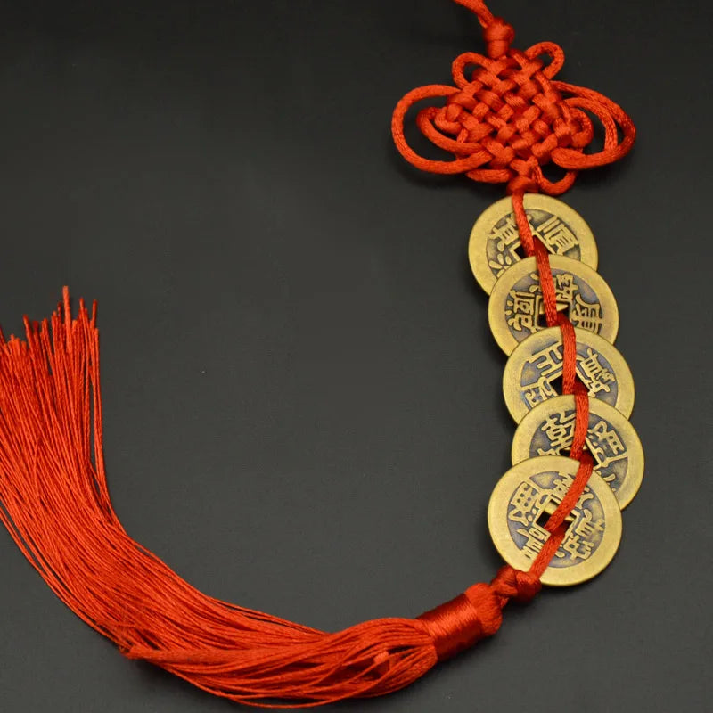 Red Yellow Chinese Knot Feng Shui Money Wealth Success Copper Ancien Coins Lucky Charm Home Decoration Ten emperors Antique Fortune