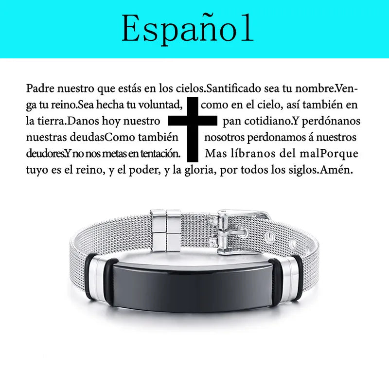 Laser Christian Lord's Prayer Cross Bracelet Men Russian Spanish Hebrew Personalized Gift