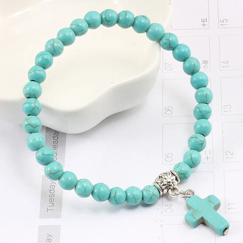 Prayer Bracelet 6MM Onyx Natural Stone Beads Religion Jesus Cross Pedant Bracelets Bangles for Men Women Yoga Friendship Jewelry
