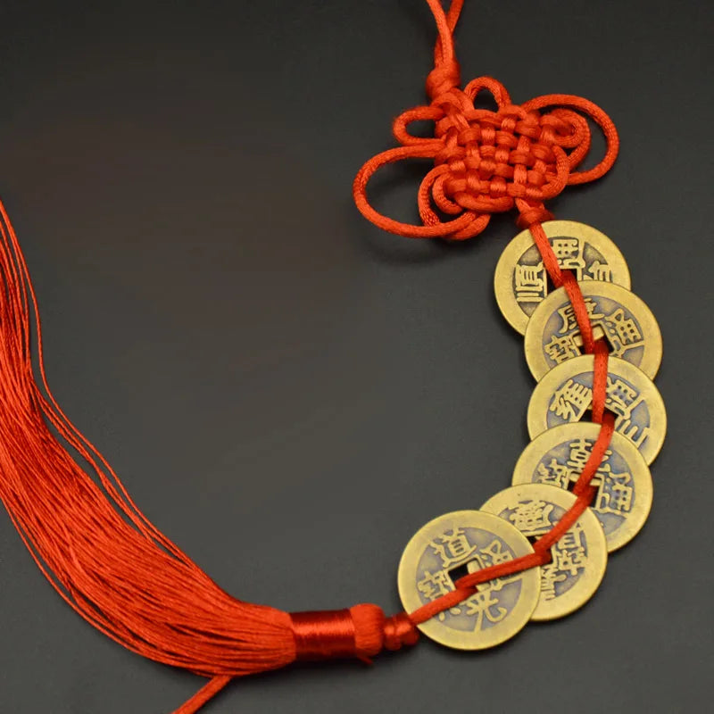 Red Yellow Chinese Knot Feng Shui Money Wealth Success Copper Ancien Coins Lucky Charm Home Decoration Ten emperors Antique Fortune