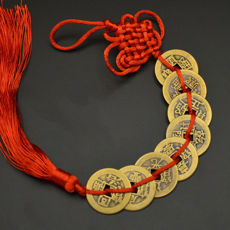 Red Yellow Chinese Knot Feng Shui Money Wealth Success Copper Ancien Coins Lucky Charm Home Decoration Ten emperors Antique Fortune