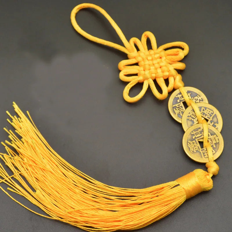 Red Yellow Chinese Knot Feng Shui Money Wealth Success Copper Ancien Coins Lucky Charm Home Decoration Ten emperors Antique Fortune