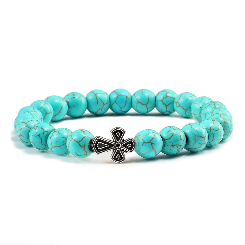 New Natural Stone Lava Beaded Bracelet for Men Women Alloy Christian Jesus Cross Bracelets Bangles Yoga Prayer Fashion Jewelry