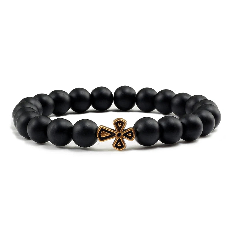 New Natural Stone Lava Beaded Bracelet for Men Women Alloy Christian Jesus Cross Bracelets Bangles Yoga Prayer Fashion Jewelry