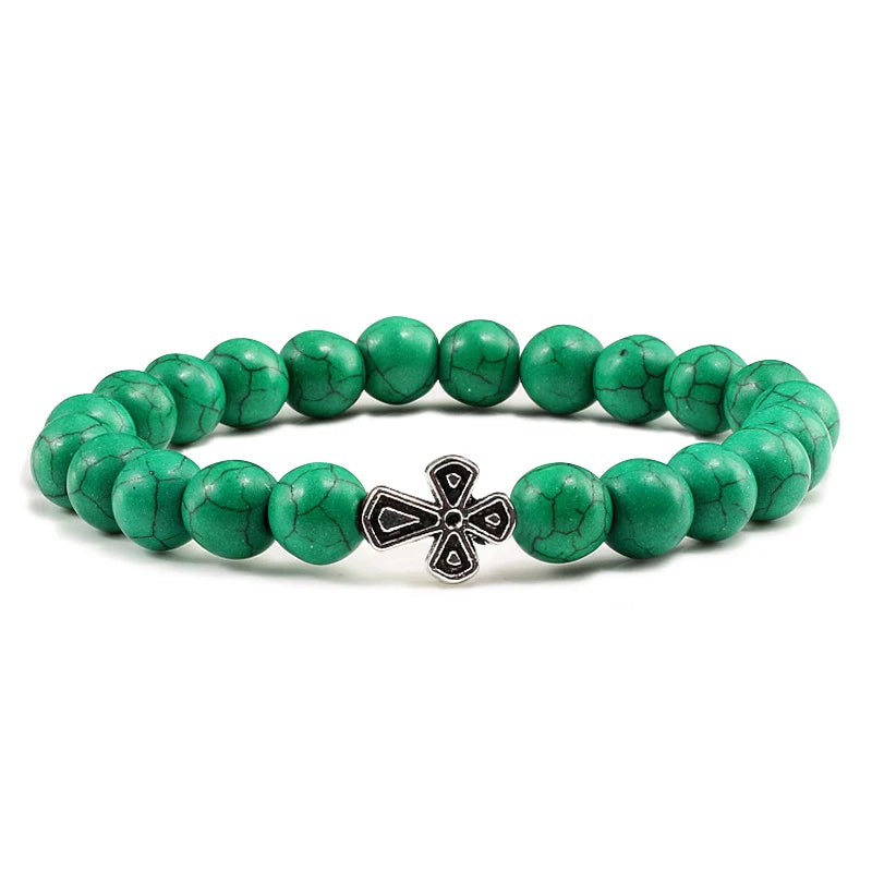 New Natural Stone Lava Beaded Bracelet for Men Women Alloy Christian Jesus Cross Bracelets Bangles Yoga Prayer Fashion Jewelry