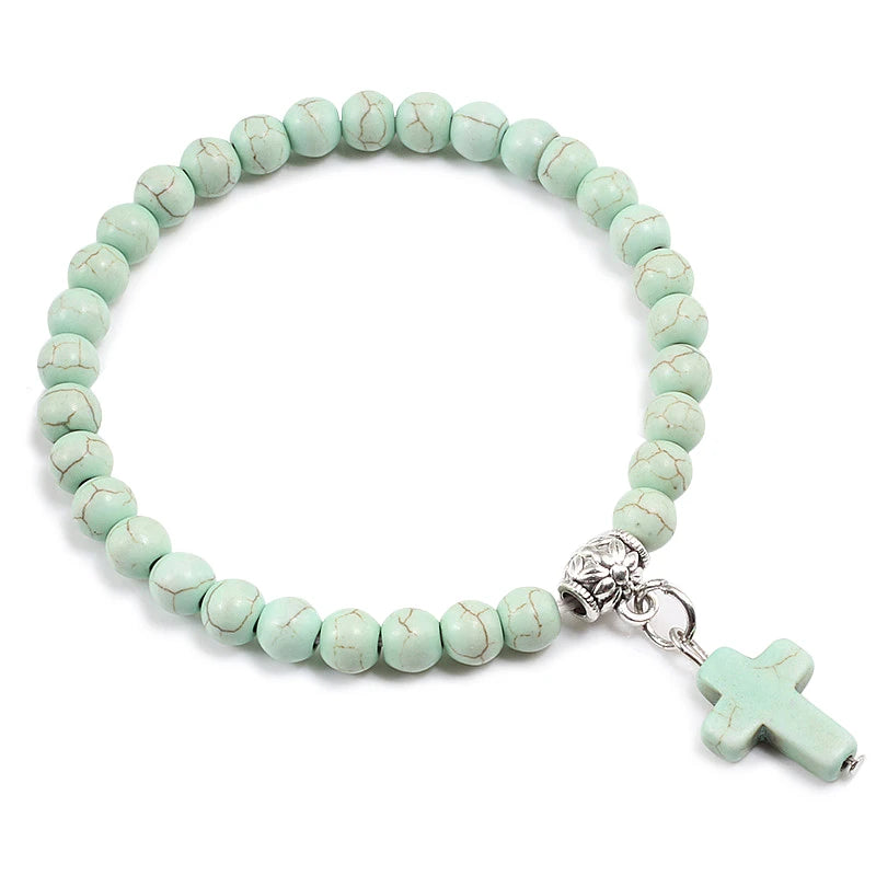 Prayer Bracelet 6MM Onyx Natural Stone Beads Religion Jesus Cross Pedant Bracelets Bangles for Men Women Yoga Friendship Jewelry