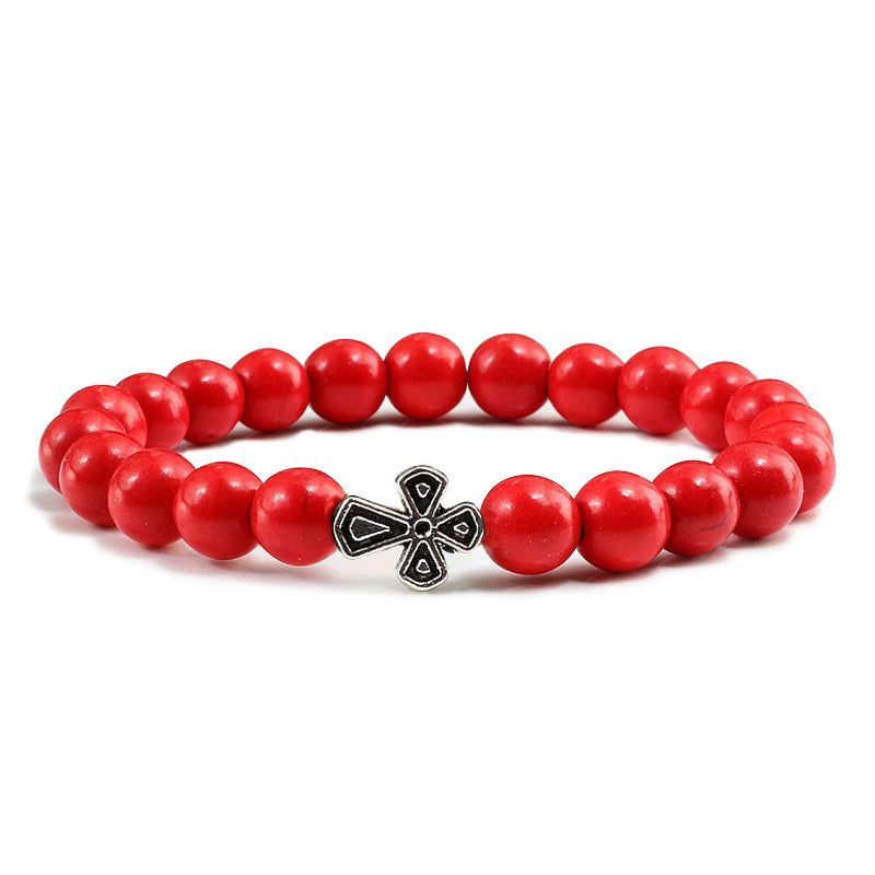 New Natural Stone Lava Beaded Bracelet for Men Women Alloy Christian Jesus Cross Bracelets Bangles Yoga Prayer Fashion Jewelry