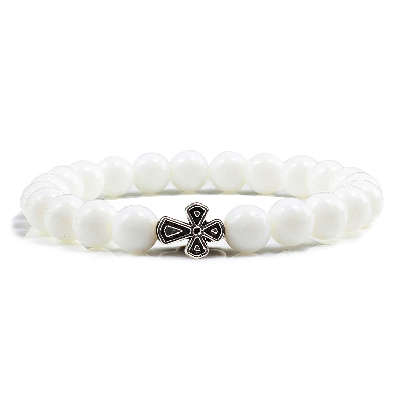 New Natural Stone Lava Beaded Bracelet for Men Women Alloy Christian Jesus Cross Bracelets Bangles Yoga Prayer Fashion Jewelry