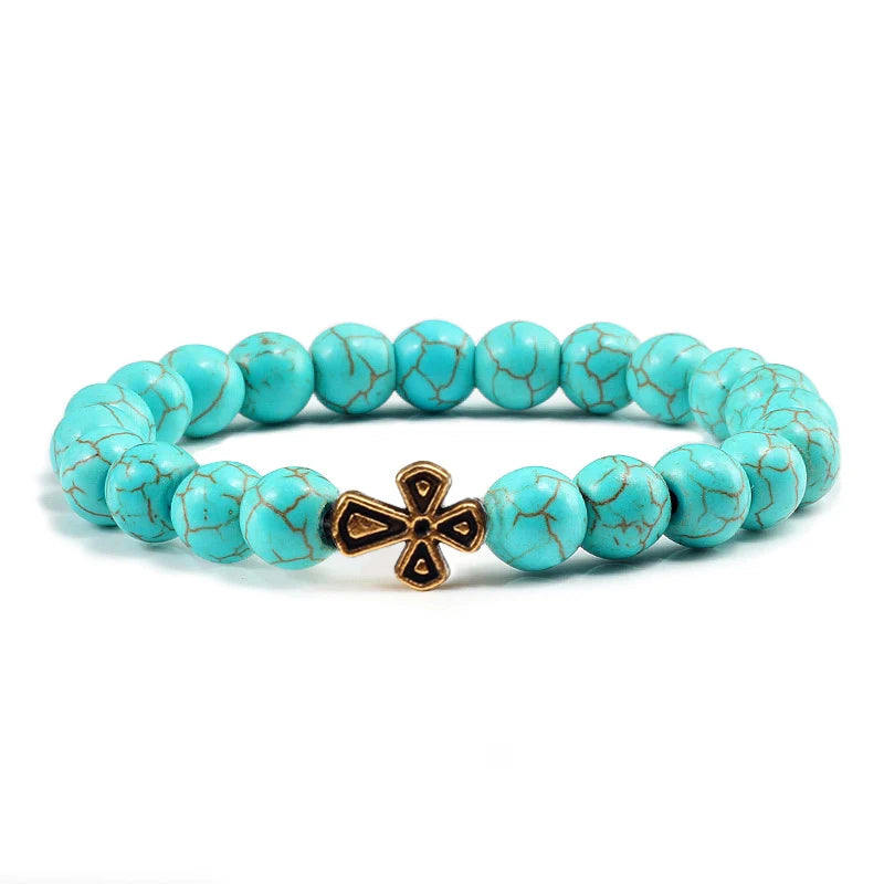 New Natural Stone Lava Beaded Bracelet for Men Women Alloy Christian Jesus Cross Bracelets Bangles Yoga Prayer Fashion Jewelry
