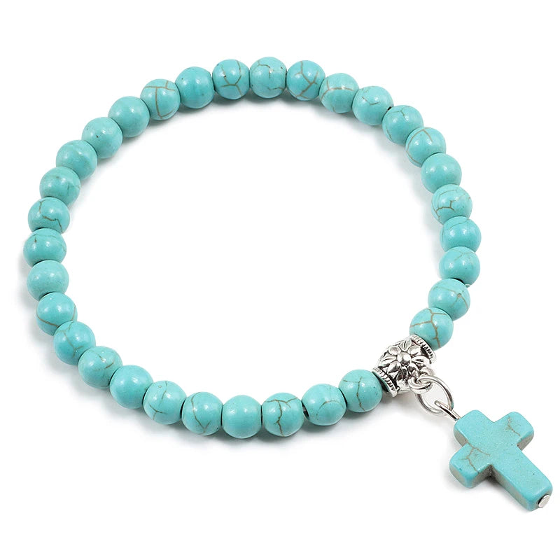 Prayer Bracelet 6MM Onyx Natural Stone Beads Religion Jesus Cross Pedant Bracelets Bangles for Men Women Yoga Friendship Jewelry